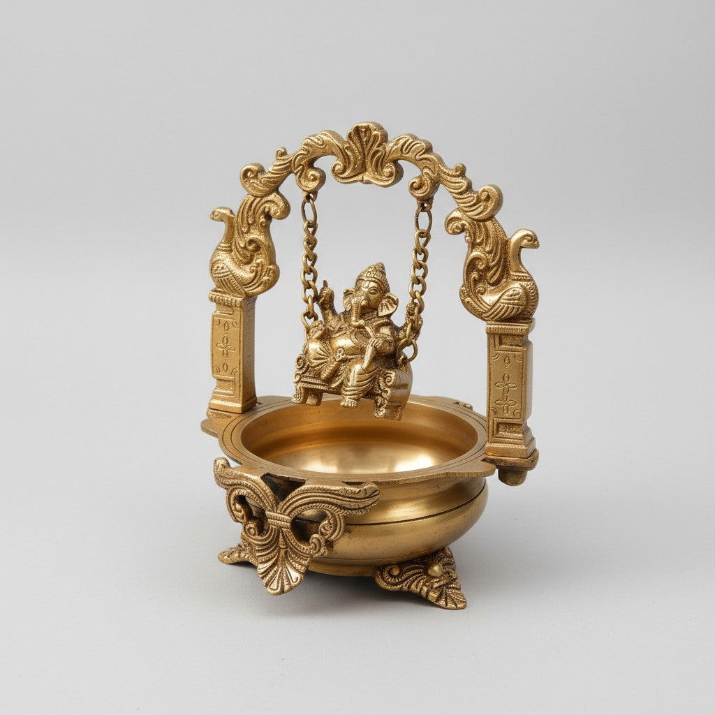 Brass Ganesh Ji Urli with Swing Jhoola  Handcrafted Pooja Decor Bowl  Auspicious Diwali & Housewarming Gift  Temple Showpiece