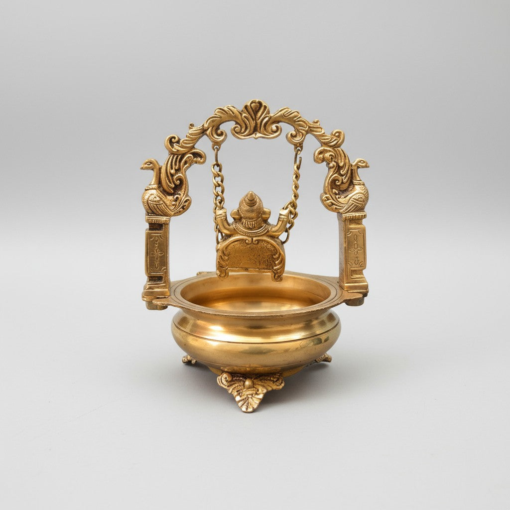 Brass Ganesh Ji Urli with Swing Jhoola  Handcrafted Pooja Decor Bowl  Auspicious Diwali & Housewarming Gift  Temple Showpiece