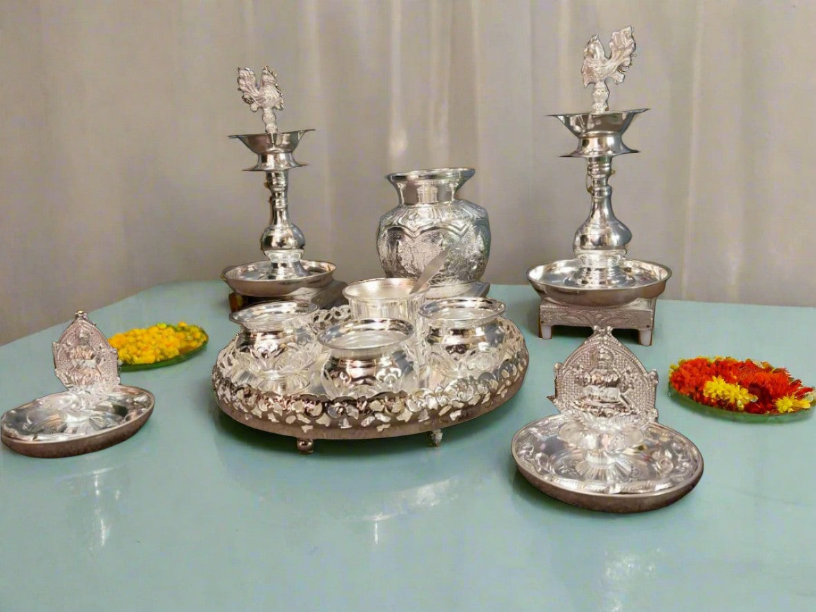 German Silver Combo Pooja thali Set with Kalash Peacock Diya Full Set
