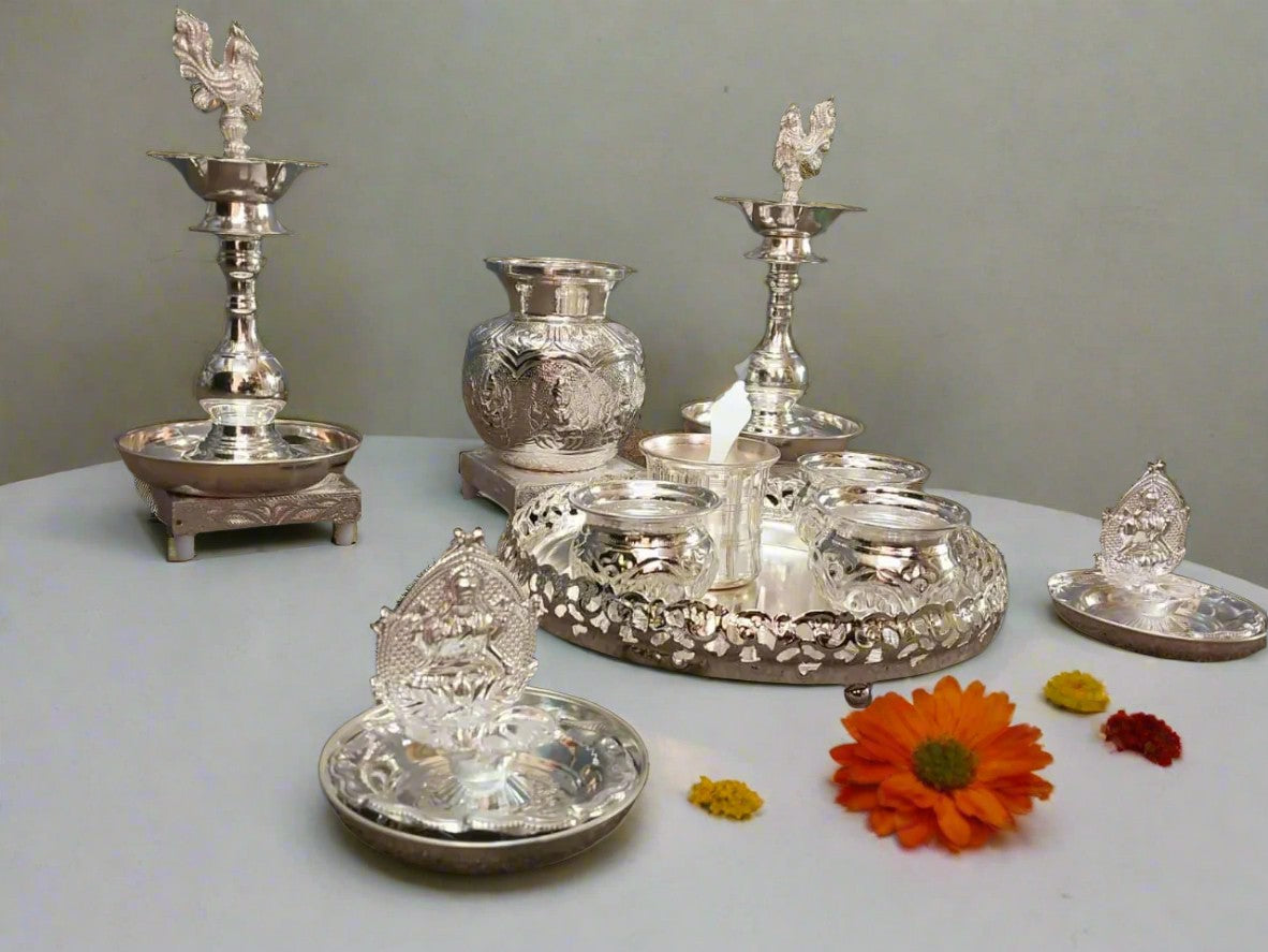 German Silver Combo Pooja thali Set with Kalash Peacock Diya Full Set