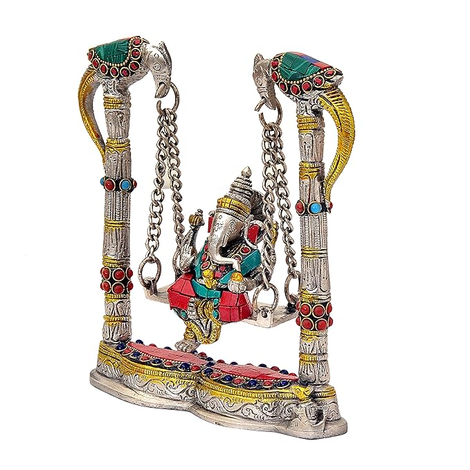 Brass Ganesh Parrot Swing Jhula Statue with Stone Work for Home Decor