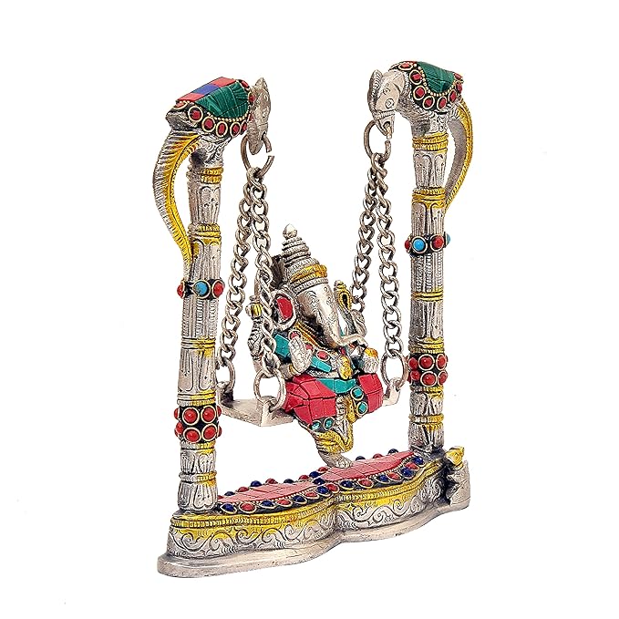 Brass Ganesh Parrot Swing Jhula Statue with Stone Work for Home Decor