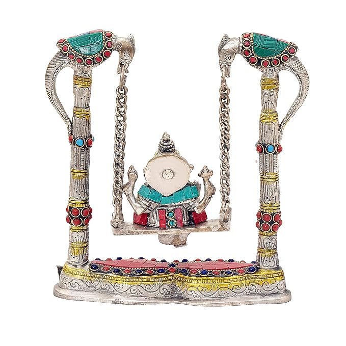 Brass Ganesh Parrot Swing Jhula Statue with Stone Work for Home Decor