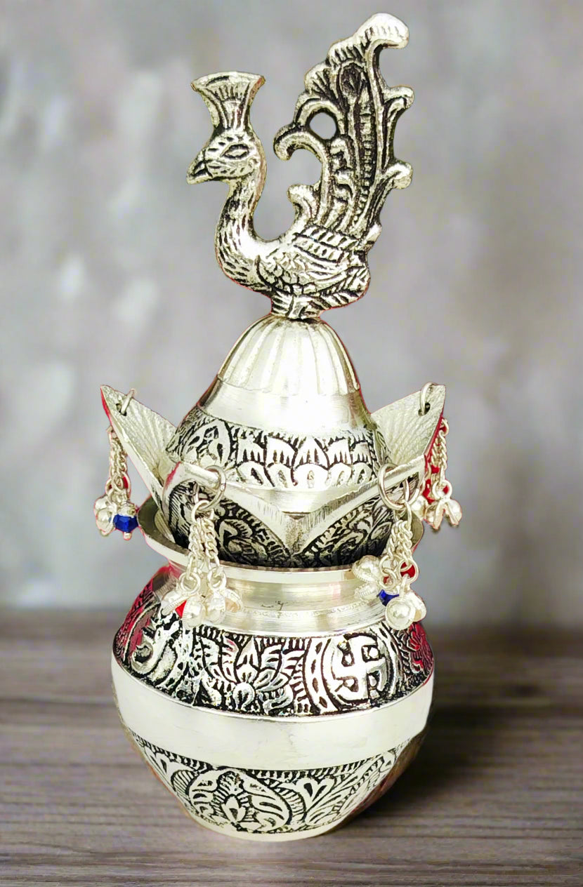 german silver peacock antique finish kalash for housewarming pooja/ kalash/ gift item