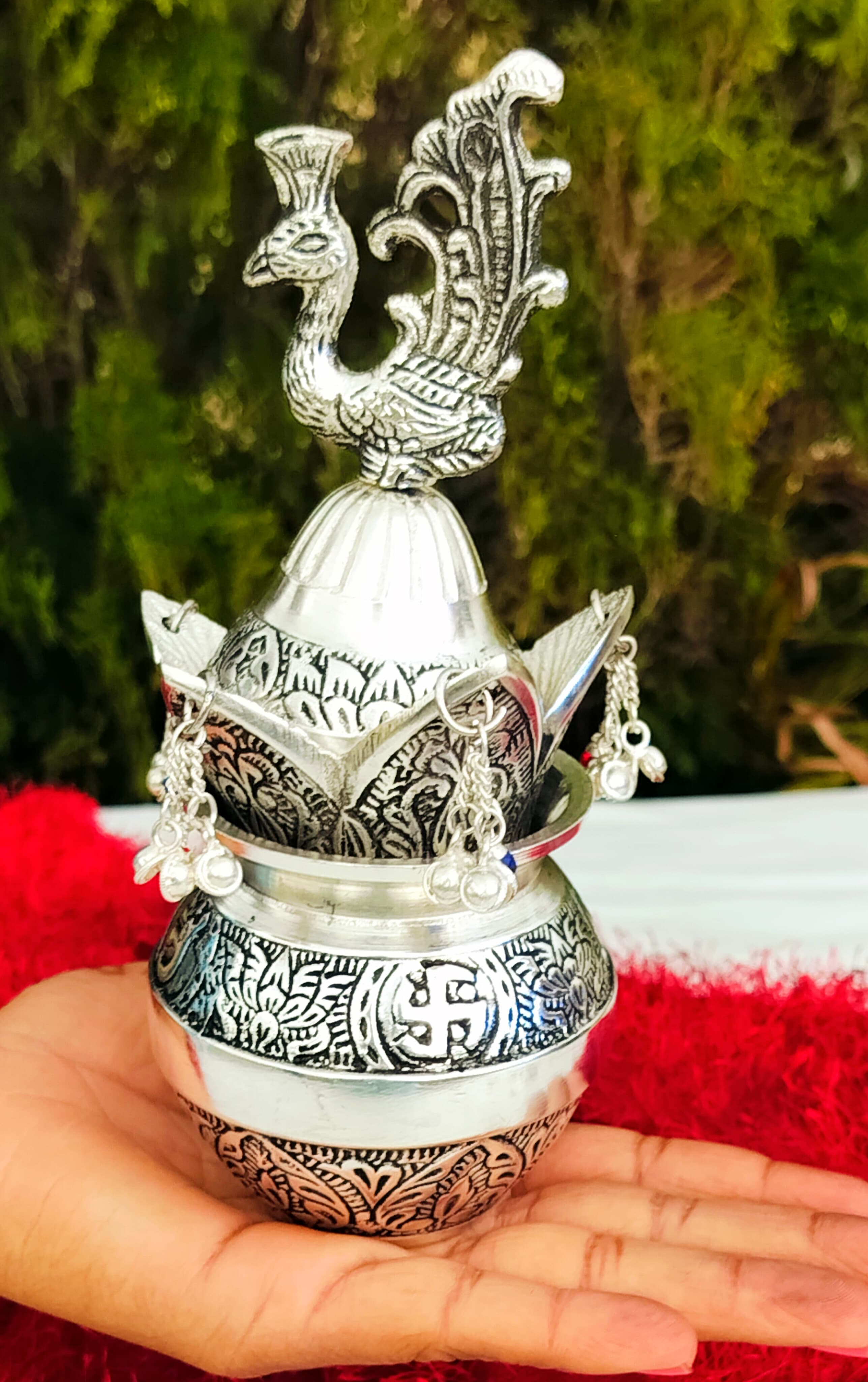 german silver peacock antique finish kalash for housewarming pooja/ kalash/ gift item