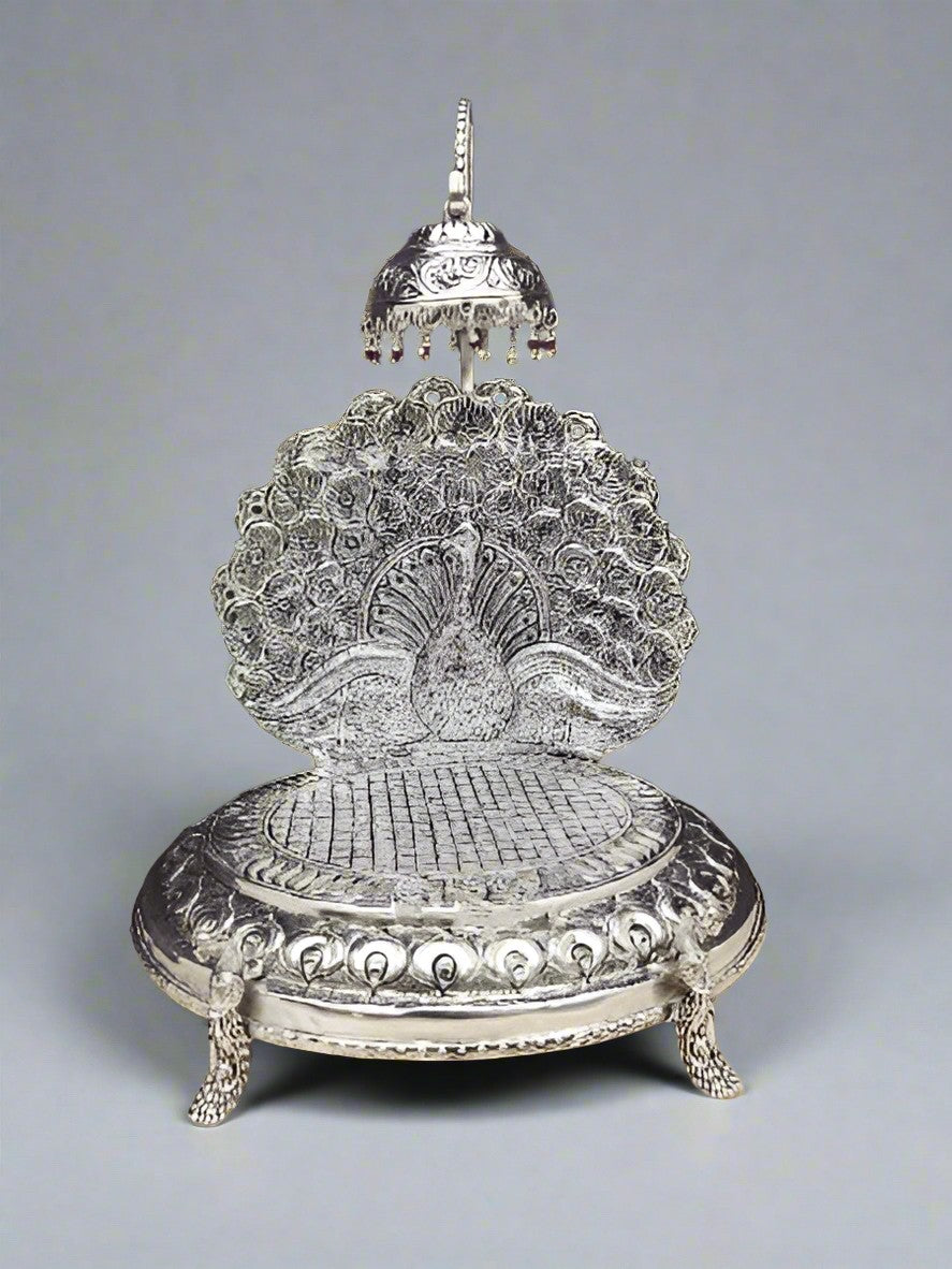 german silver antique finish peacock singhasan for idol/deity for home temple
