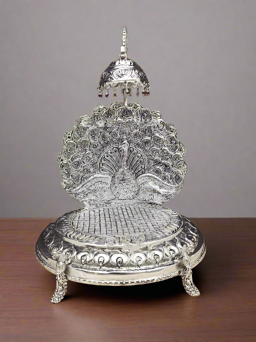 german silver antique finish peacock singhasan for idol/deity for home temple