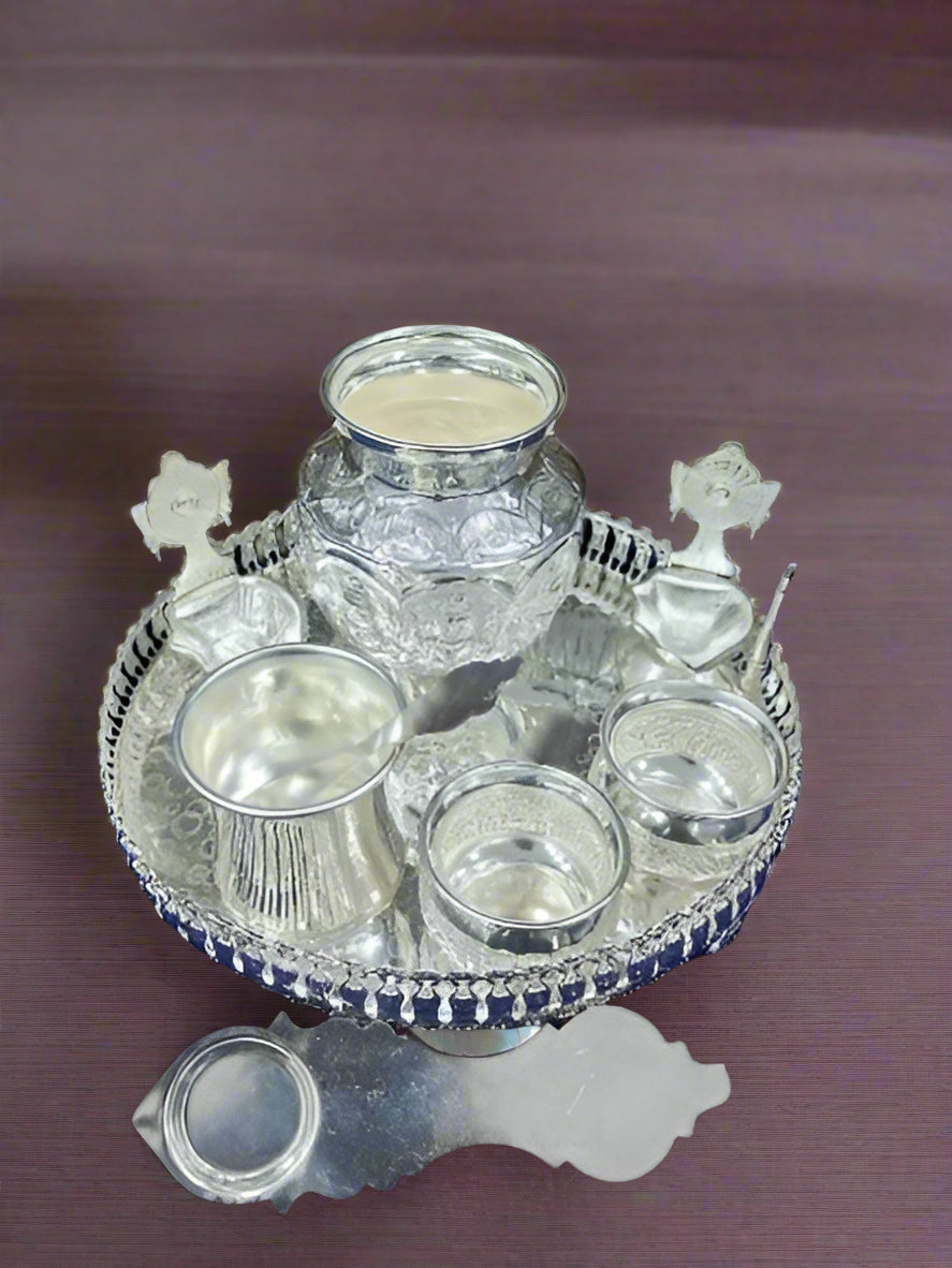 german silver pooja thali set of 10 pieces for housewarming pooja/ diwali pooja/ rakhi