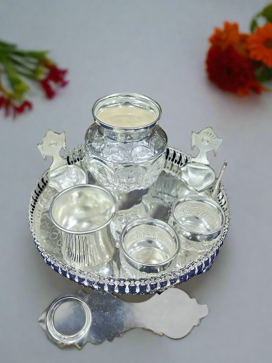 german silver pooja thali set of 10 pieces for housewarming pooja/ diwali pooja/ rakhi