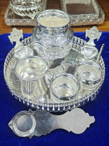 german silver pooja thali set of 10 pieces for housewarming pooja/ diwali pooja/ rakhi