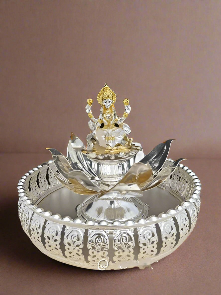 german silver tray with lotus and lakshmi idol for housewarming/ diwali