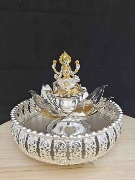 german silver tray with lotus and lakshmi idol for housewarming/ diwali