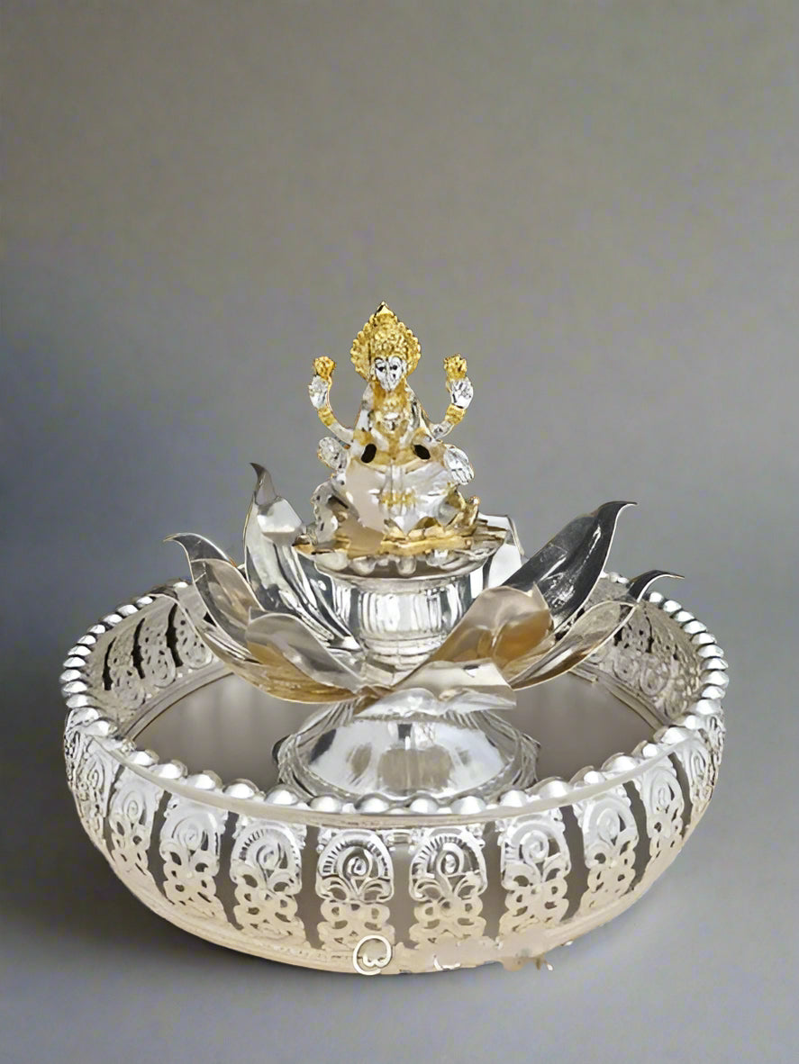 german silver tray with lotus and lakshmi idol for housewarming/ diwali