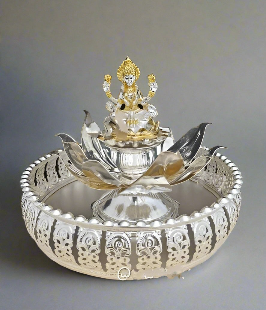 german silver tray with lotus and lakshmi idol for housewarming/ diwali