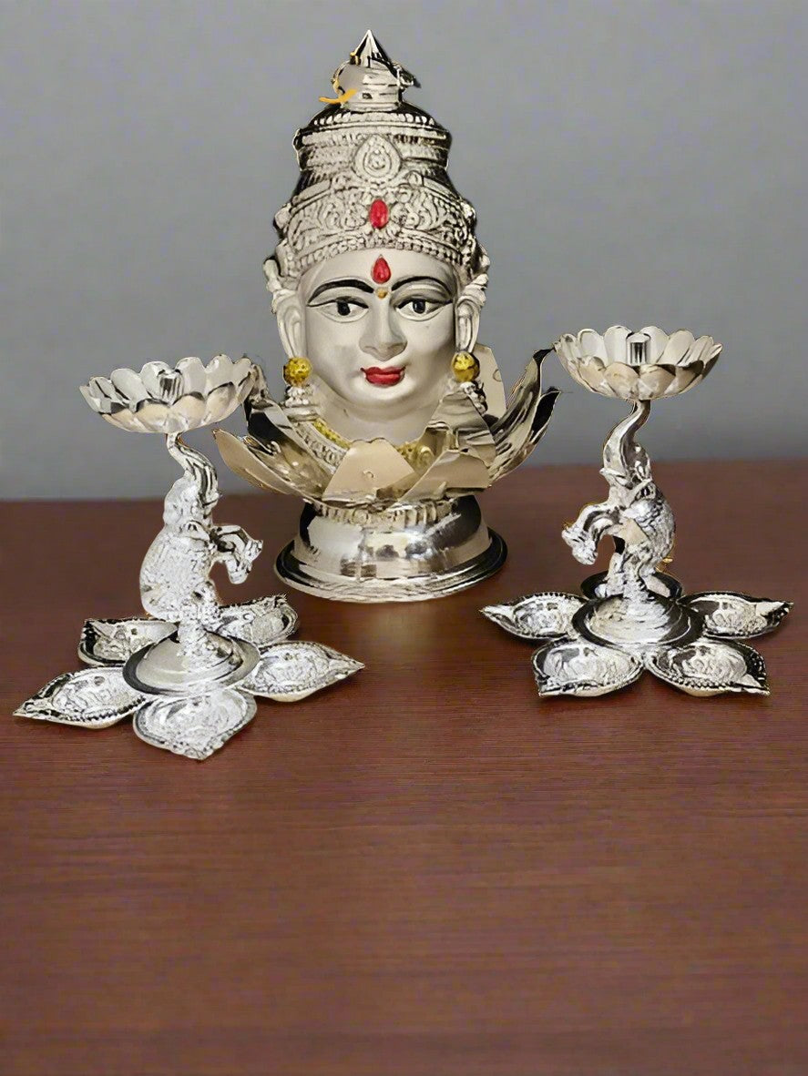 german silver lakshmi face/ mukut, 2 elephant diya, 1 lotus stand
