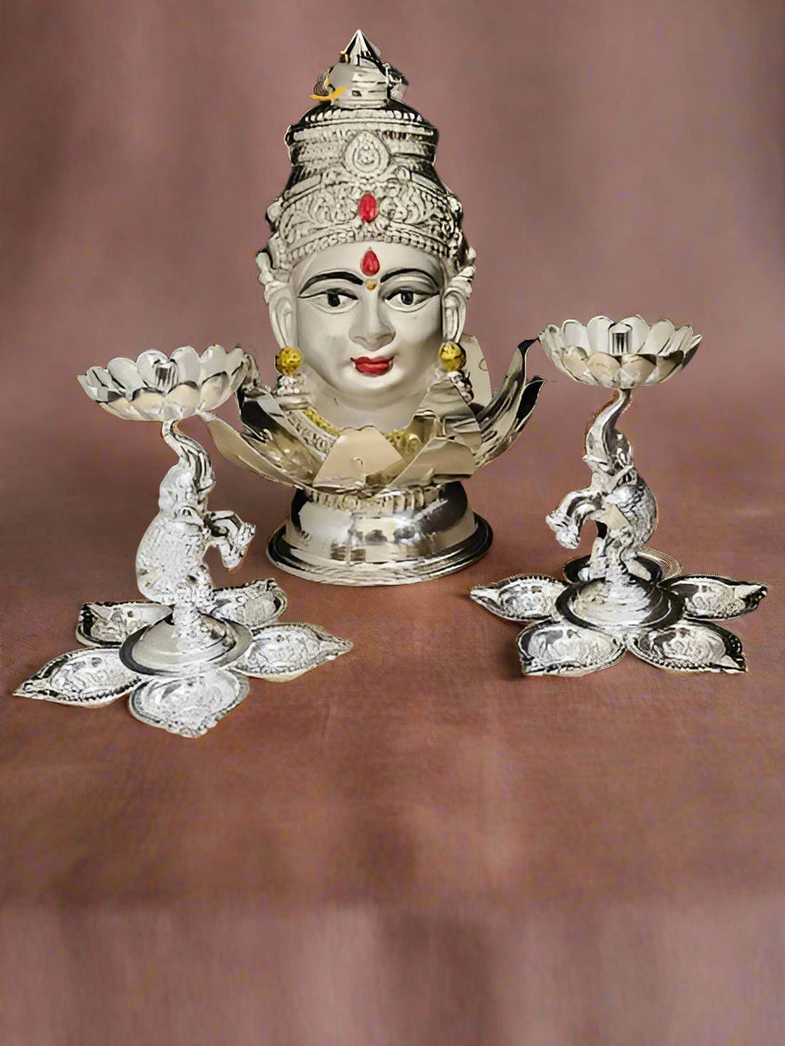 german silver lakshmi face/ mukut, 2 elephant diya, 1 lotus stand