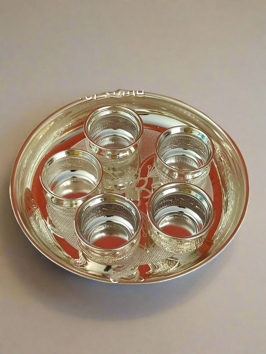 german silver treay with 5 bowls  set for pooja/ snacks/ gift