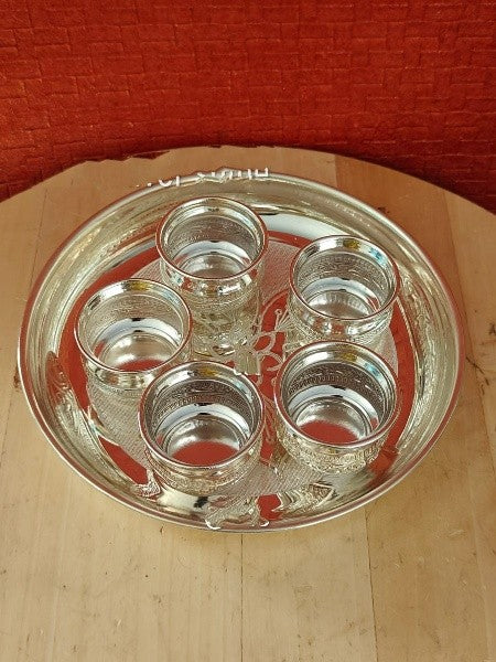 german silver treay with 5 bowls  set for pooja/ snacks/ gift