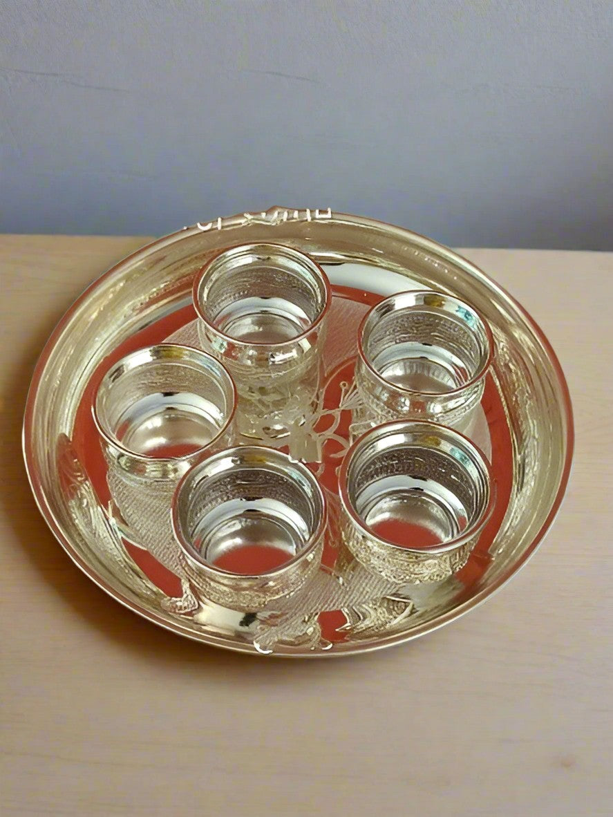 german silver treay with 5 bowls  set for pooja/ snacks/ gift