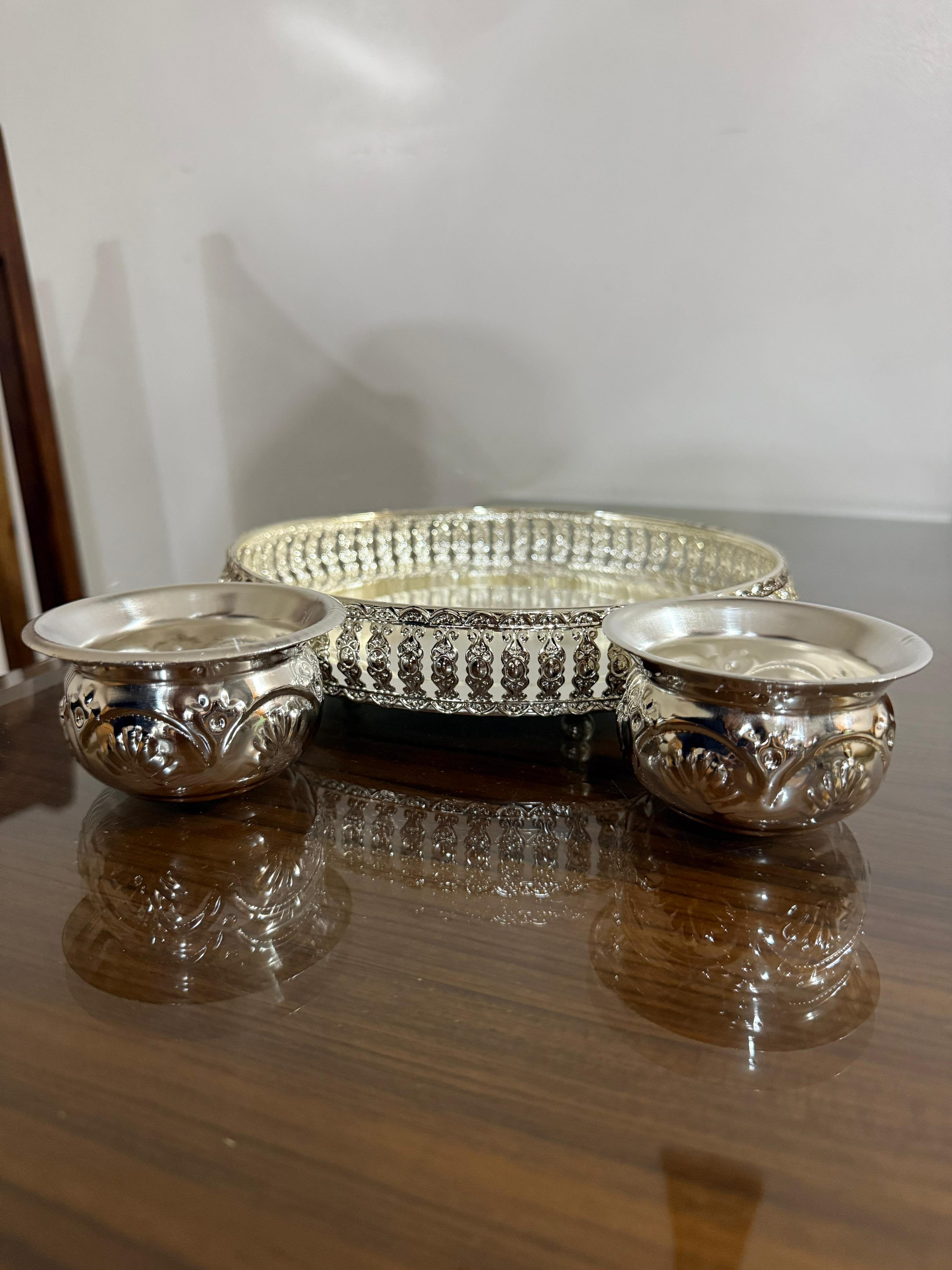 german silver tray with 2 bowls for snacks/ pooja/ gift item