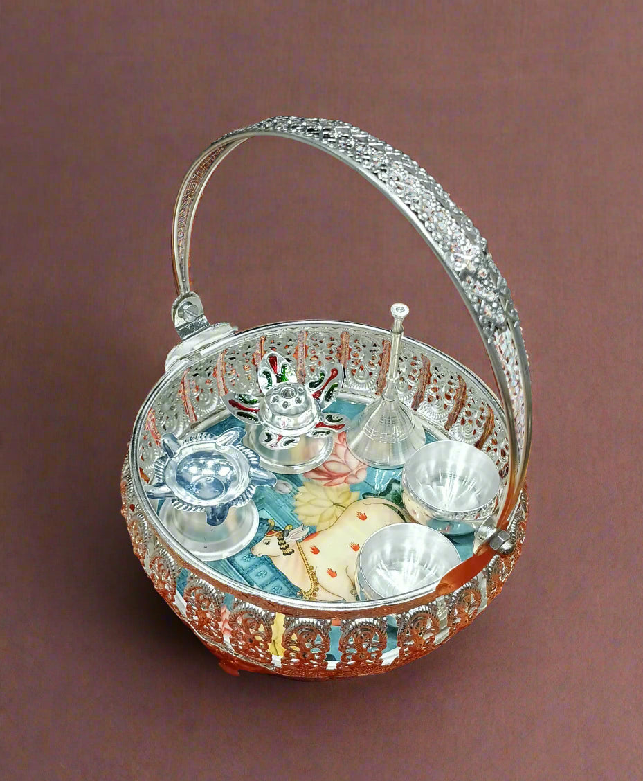 silver plated printed pooja thali set 6 pieces set for housewarming/diwali/ gift item