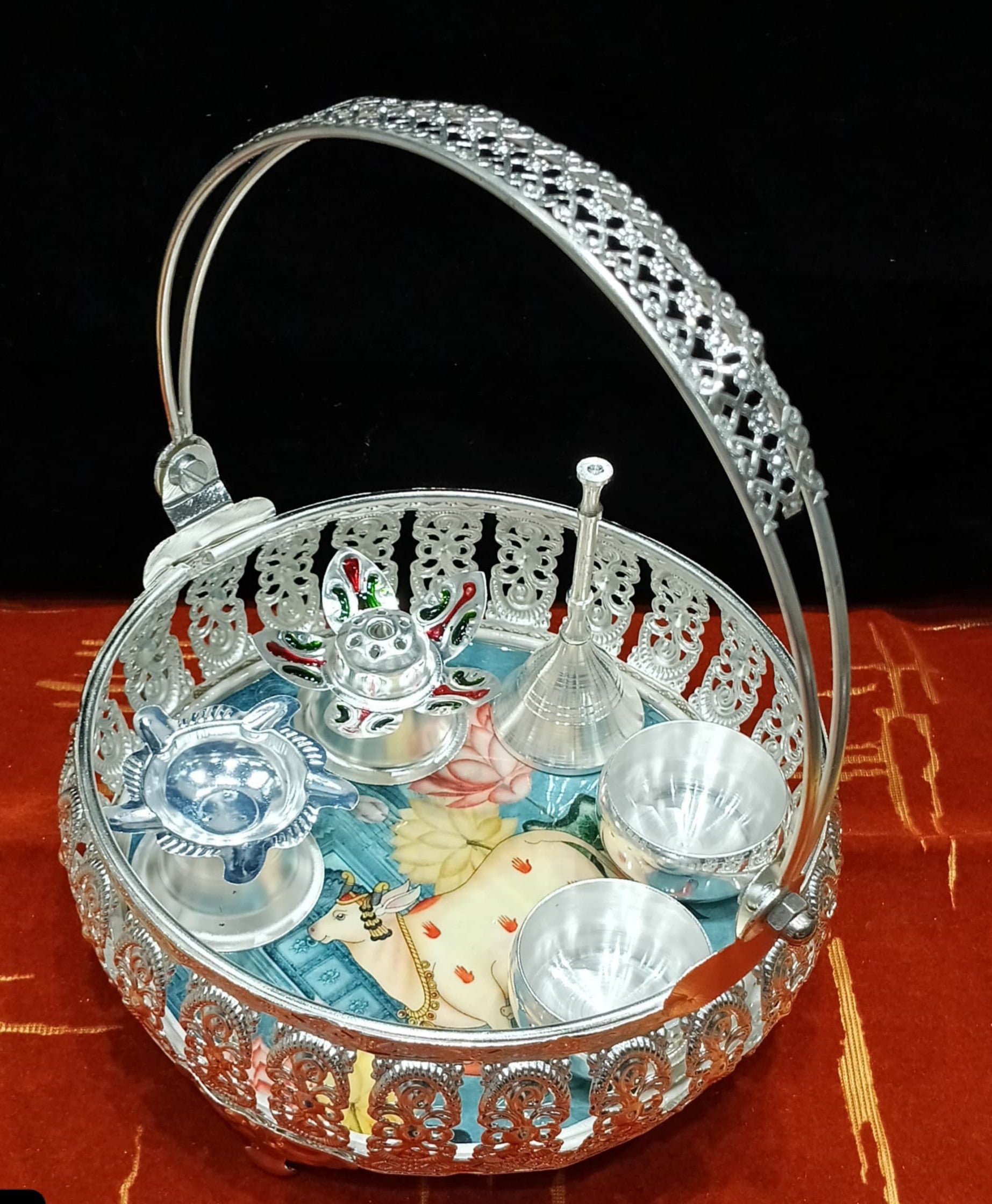 silver plated printed pooja thali set 6 pieces set for housewarming/diwali/ gift item