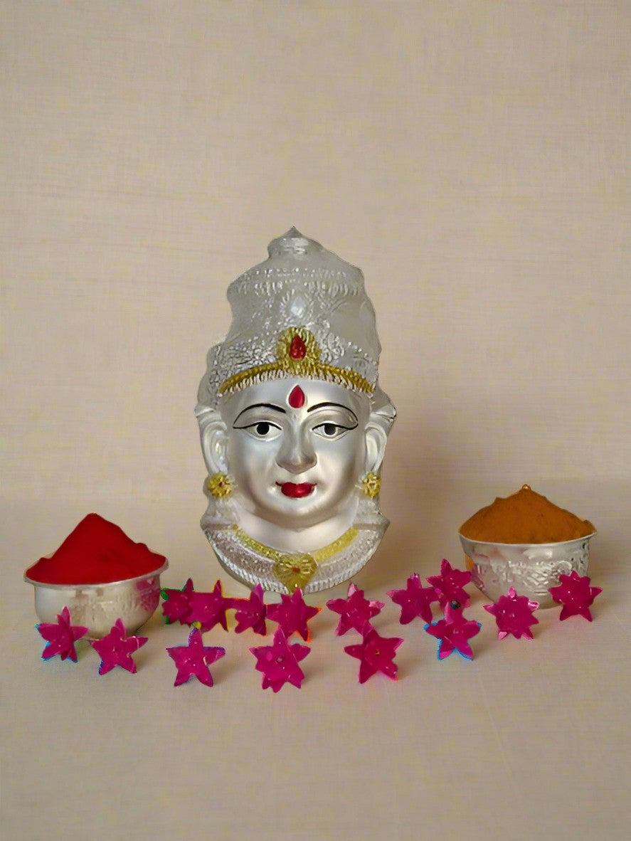 german silver pooja set lakshmi mukut/ face with 15 flowers, 2 bowls for housewarming