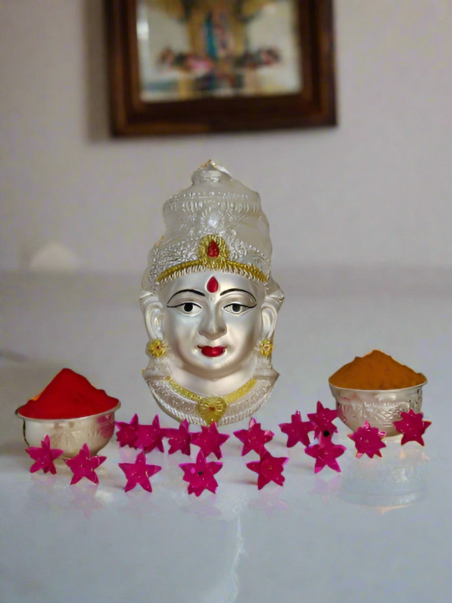 german silver pooja set lakshmi mukut/ face with 15 flowers, 2 bowls for housewarming