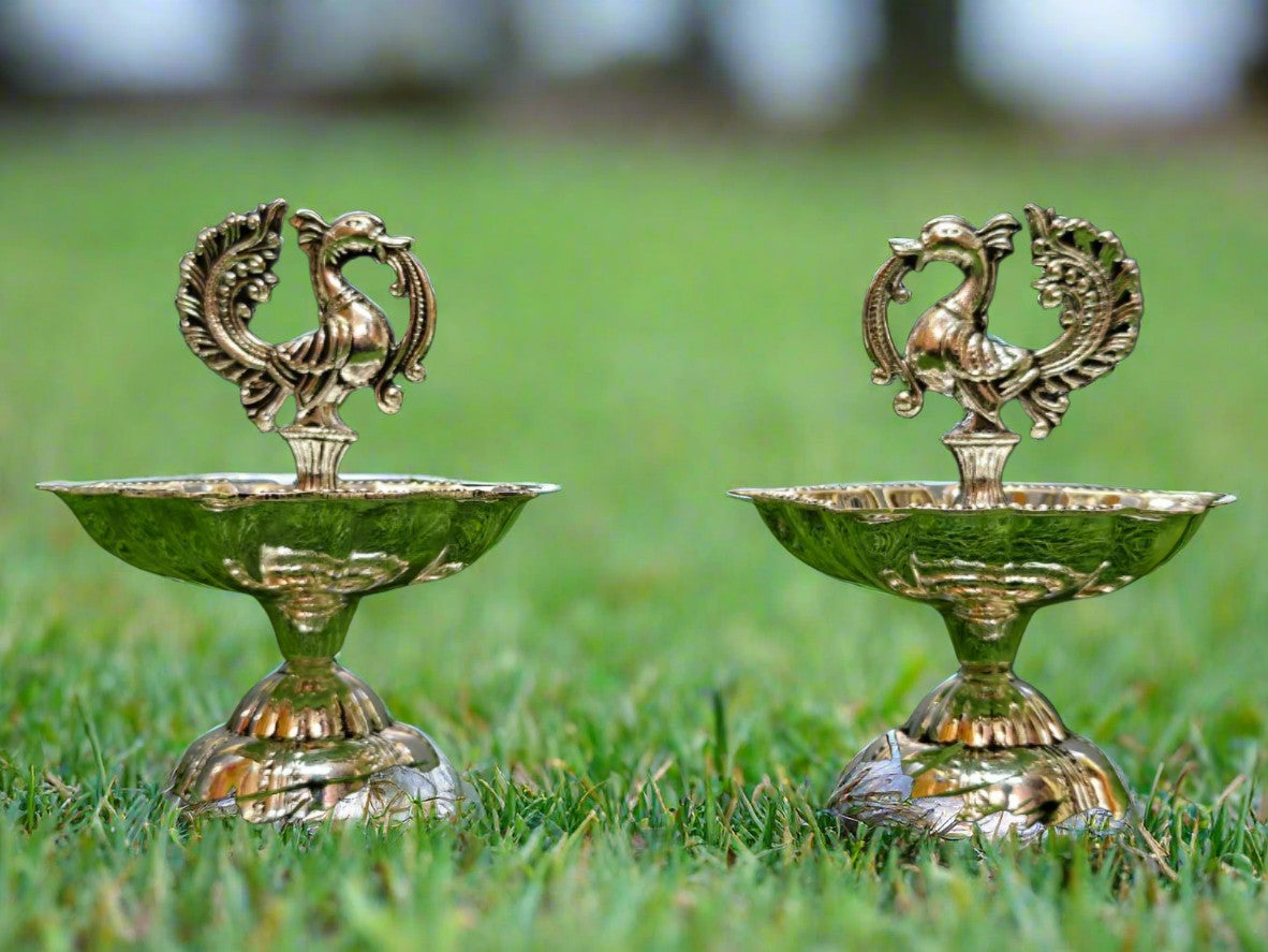 silver plated peacock diya set for housewarming/ diwali