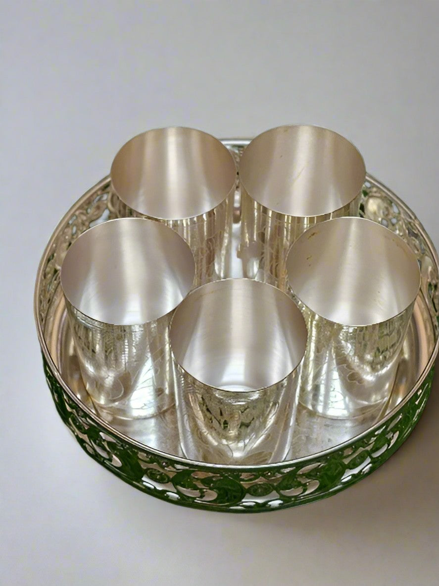 german silver tray with 5 glasses for serving / gift item/ housewarming party