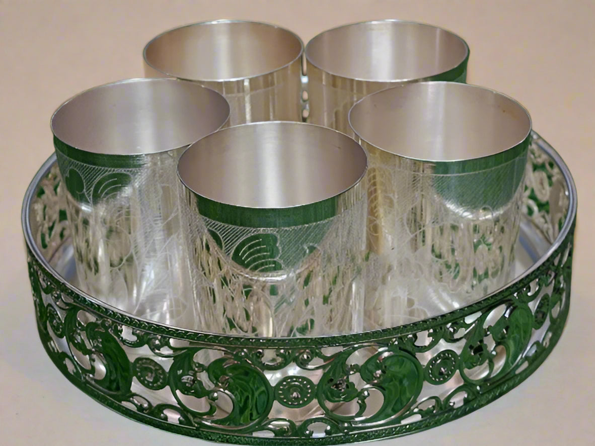 german silver tray with 5 glasses for serving / gift item/ housewarming party