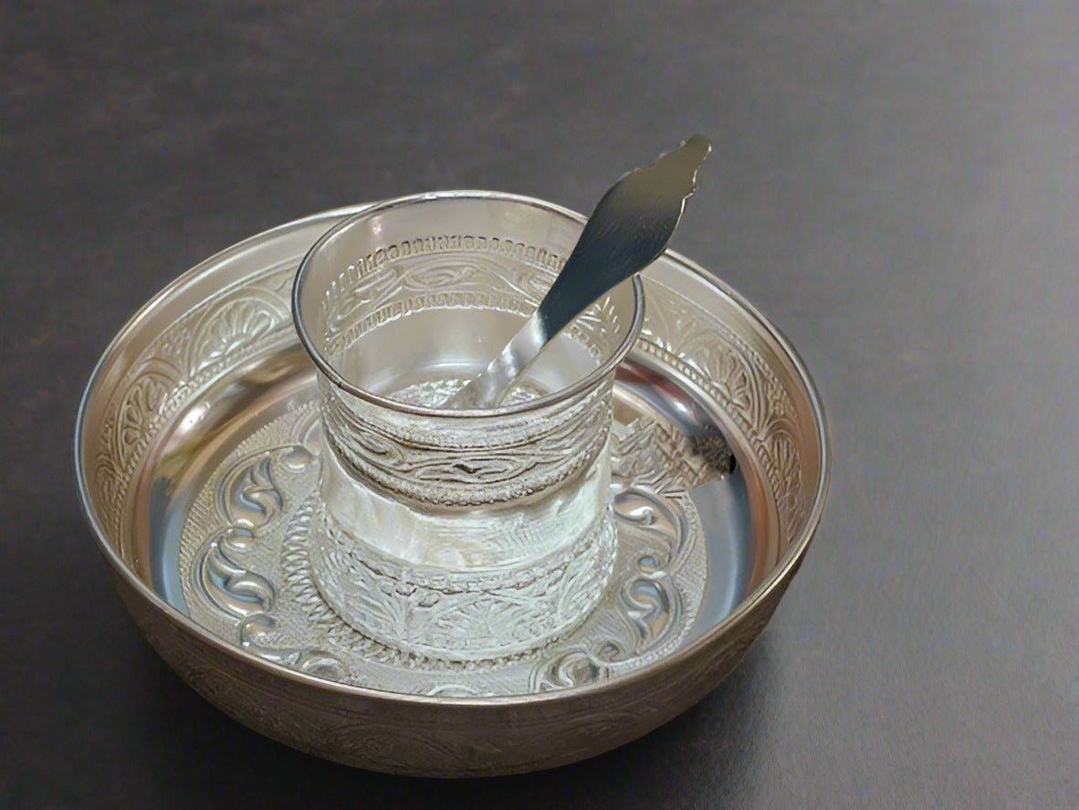 german silver fully carved panchpatra set/ glass with spoon and plate