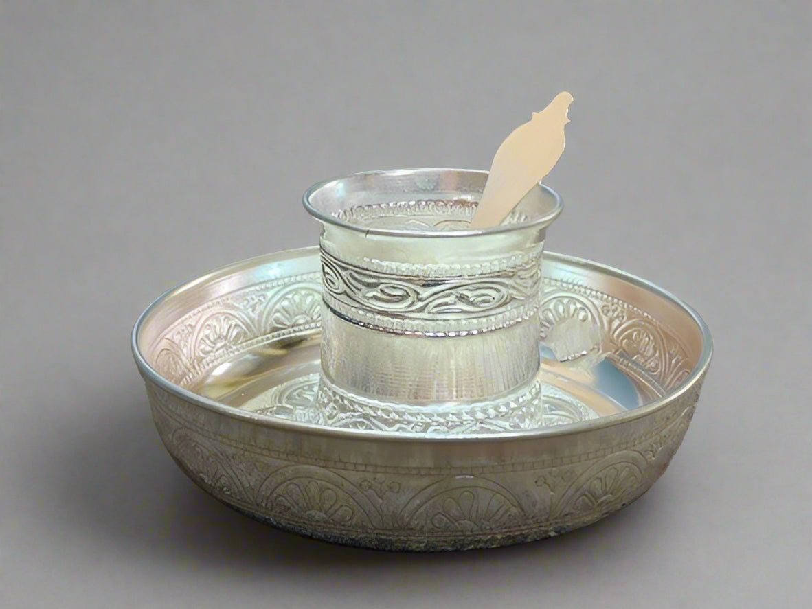 german silver fully carved panchpatra set/ glass with spoon and plate