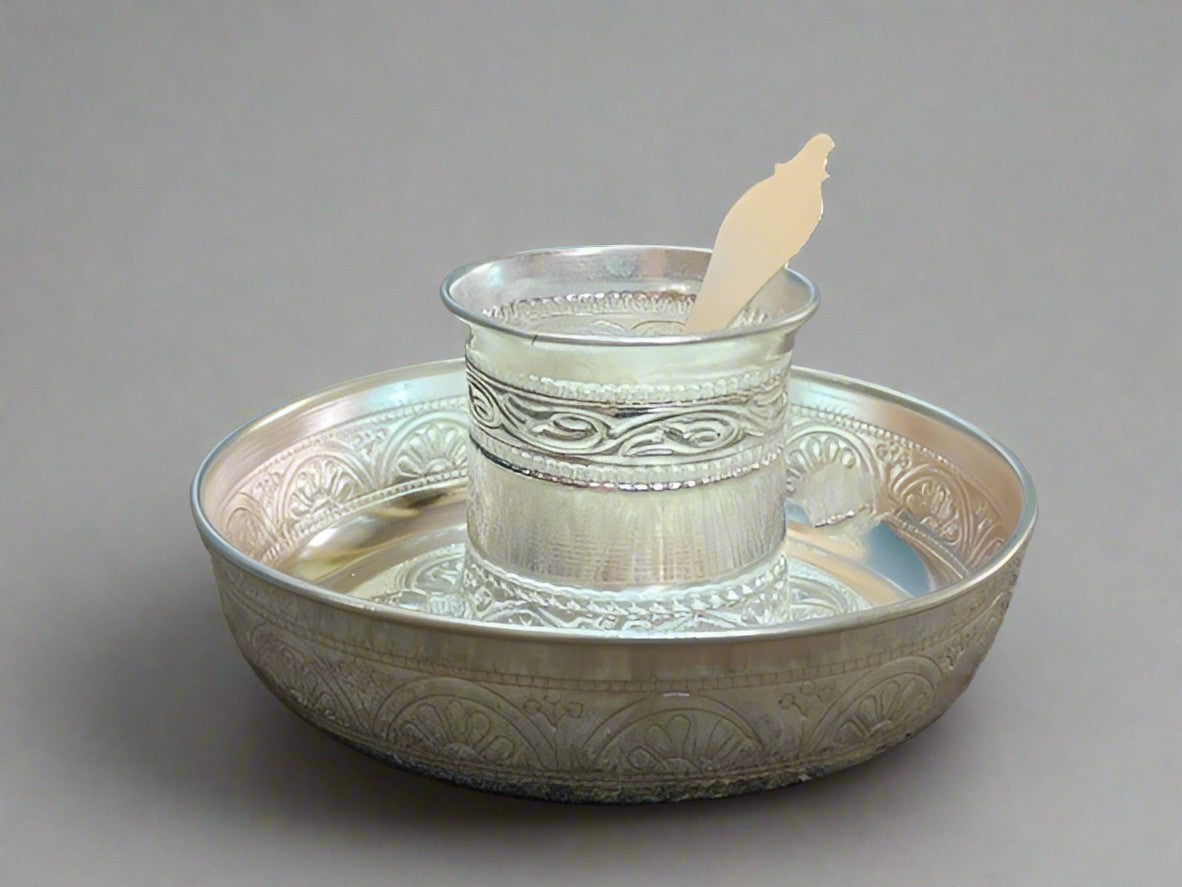 german silver fully carved panchpatra set/ glass with spoon and plate
