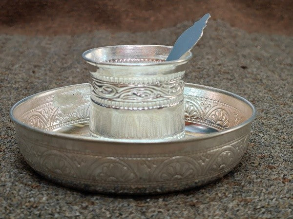 german silver fully carved panchpatra set/ glass with spoon and plate