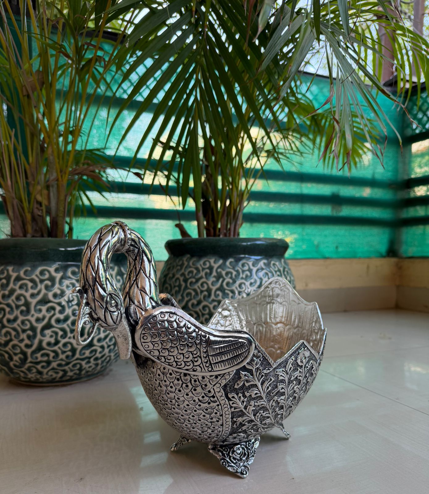Antique german silver  Swan Bowl – Large Intricately Carved Pooja & Home Décor