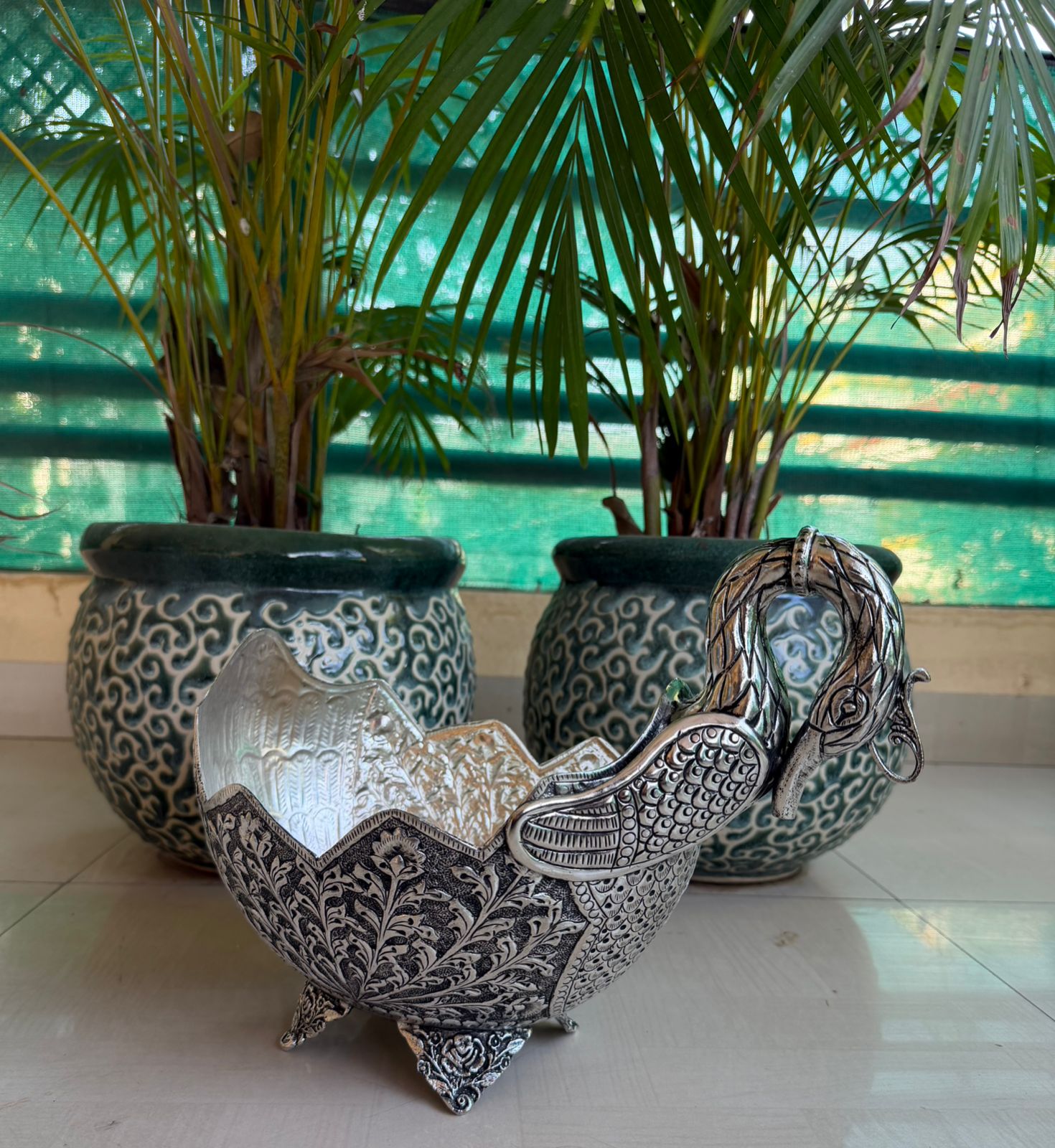 Antique german silver  Swan Bowl – Large Intricately Carved Pooja & Home Décor