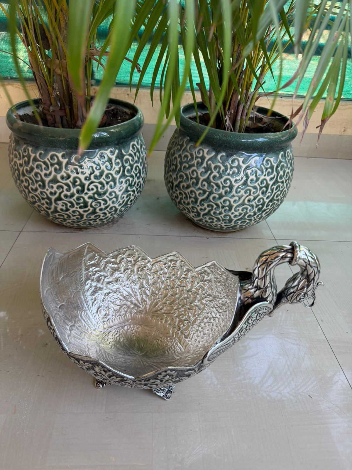 Antique german silver  Swan Bowl – Large Intricately Carved Pooja & Home Décor