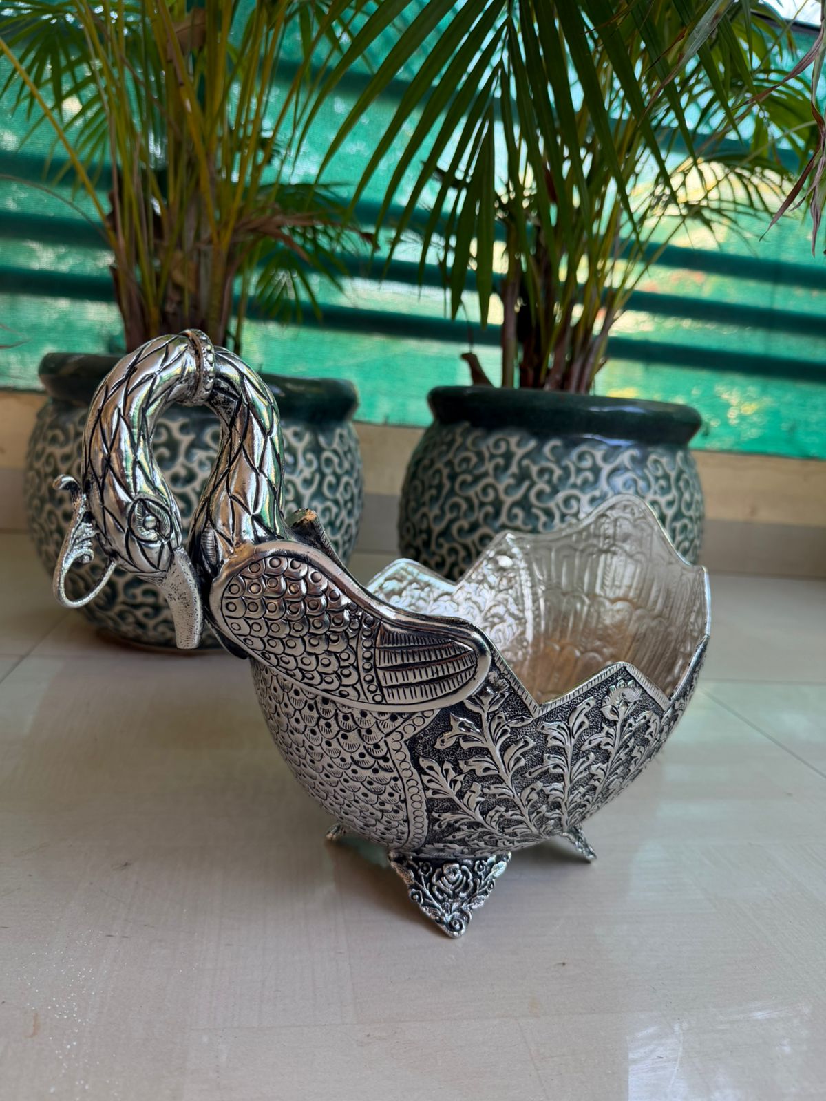 Antique german silver  Swan Bowl – Large Intricately Carved Pooja & Home Décor