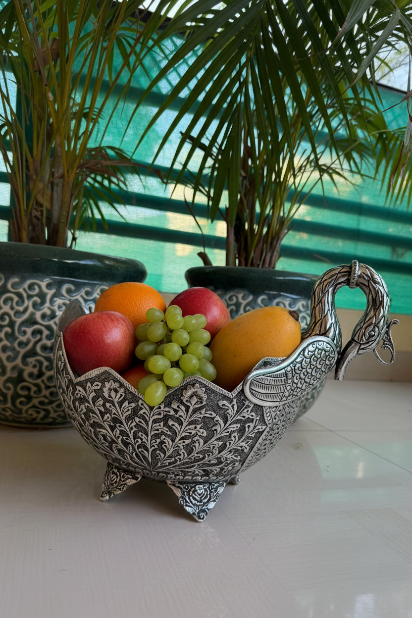 Antique german silver  Swan Bowl – Large Intricately Carved Pooja & Home Décor