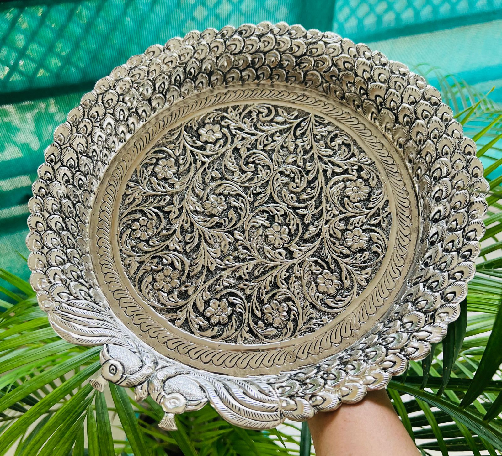 German Silver Peacock Thali Pooja Set – Antique Finish Devotional Decor