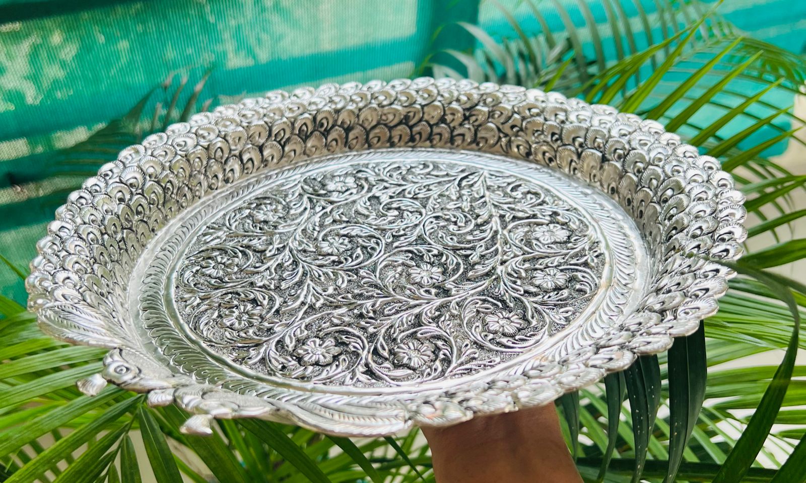 German Silver Peacock Thali Pooja Set – Antique Finish Devotional Decor