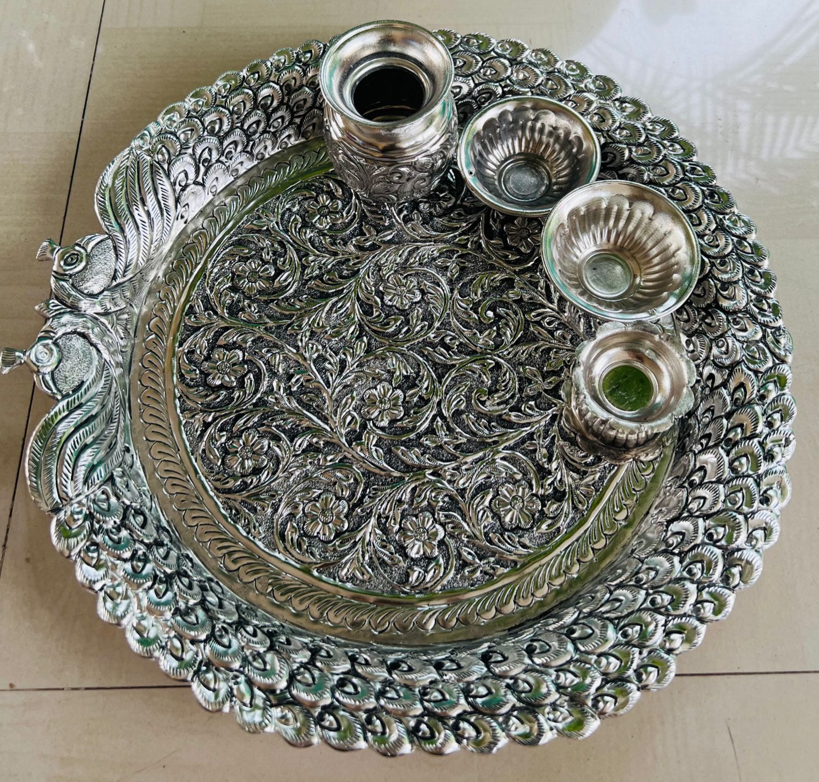 German Silver Peacock Thali Pooja Set – Antique Finish Devotional Decor