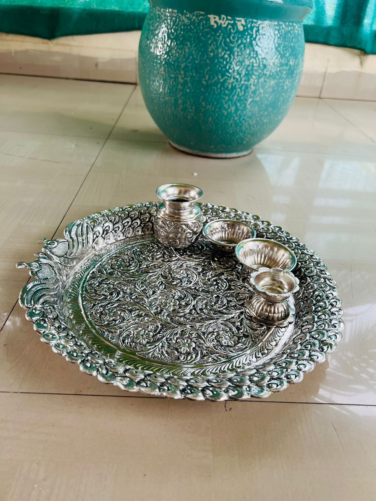 German Silver Peacock Thali Pooja Set – Antique Finish Devotional Decor