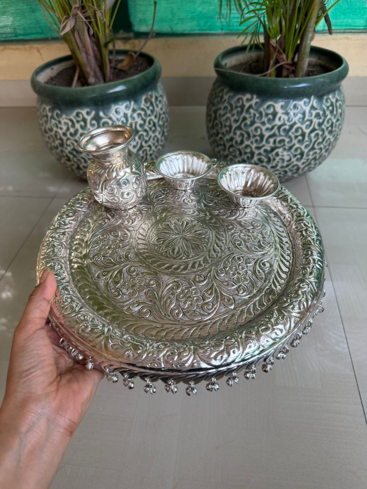 German Silver Ghungroo Pooja Thali Set – Antique Finish Devotional Decor