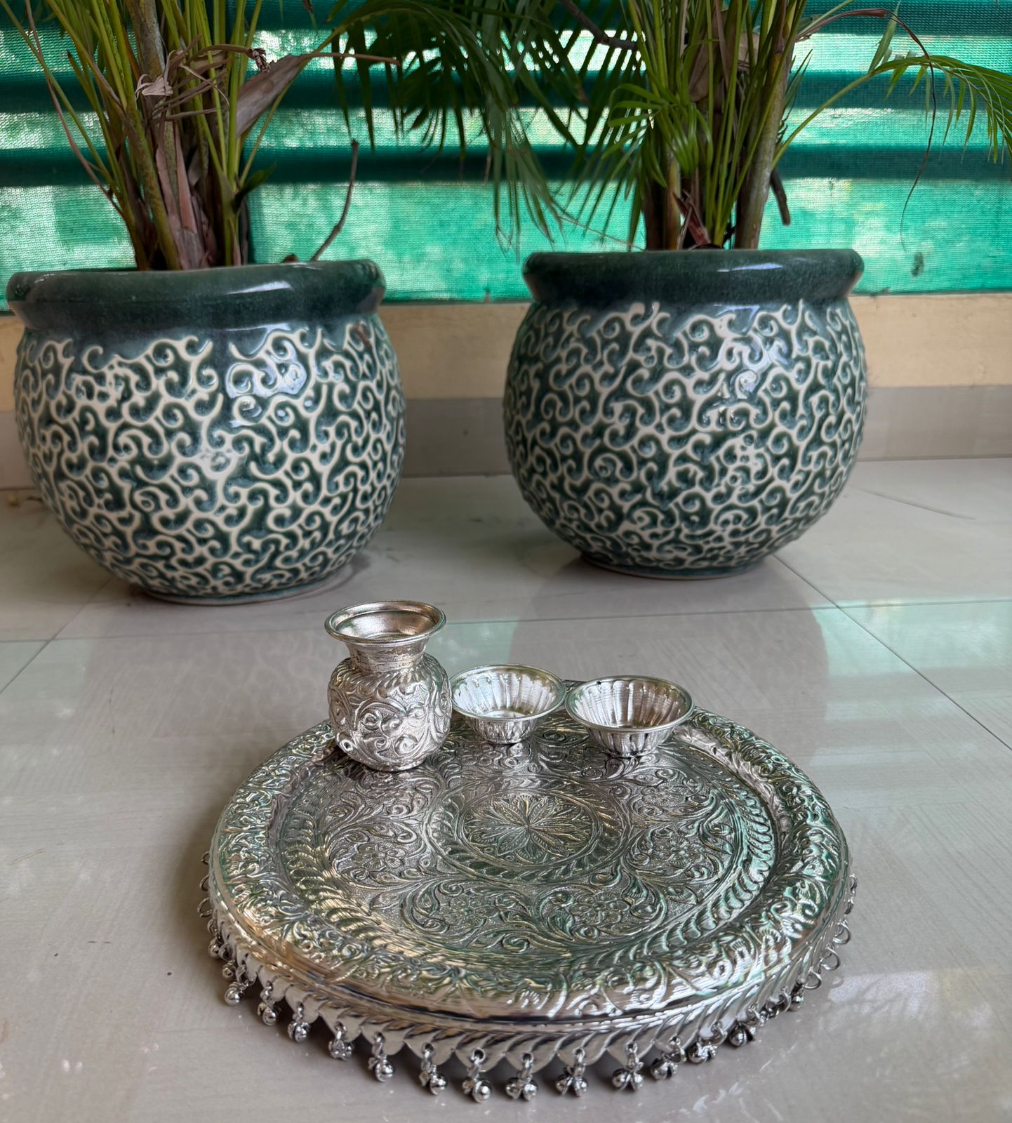German Silver Ghungroo Pooja Thali Set – Antique Finish Devotional Decor