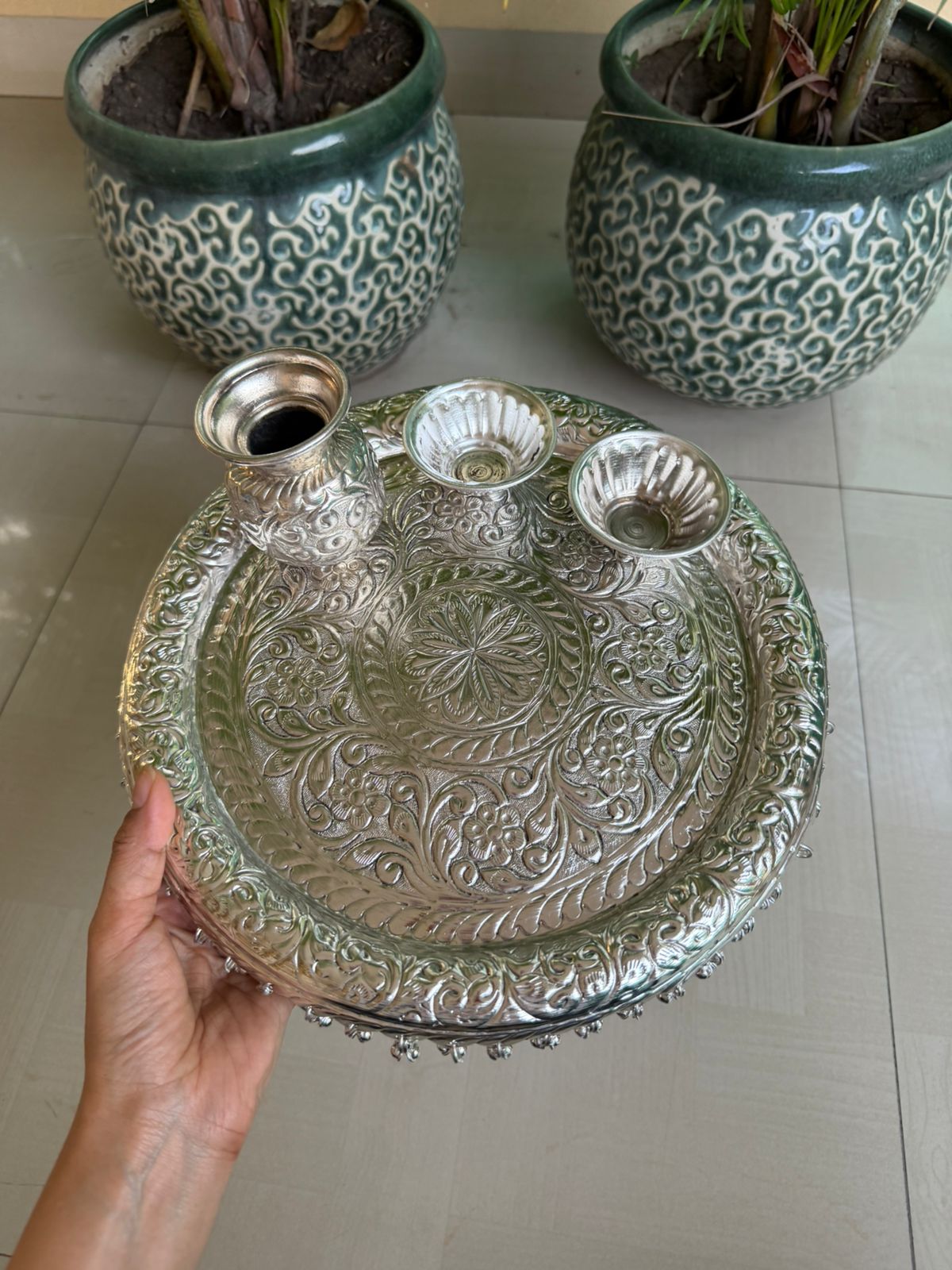 German Silver Ghungroo Pooja Thali Set – Antique Finish Devotional Decor