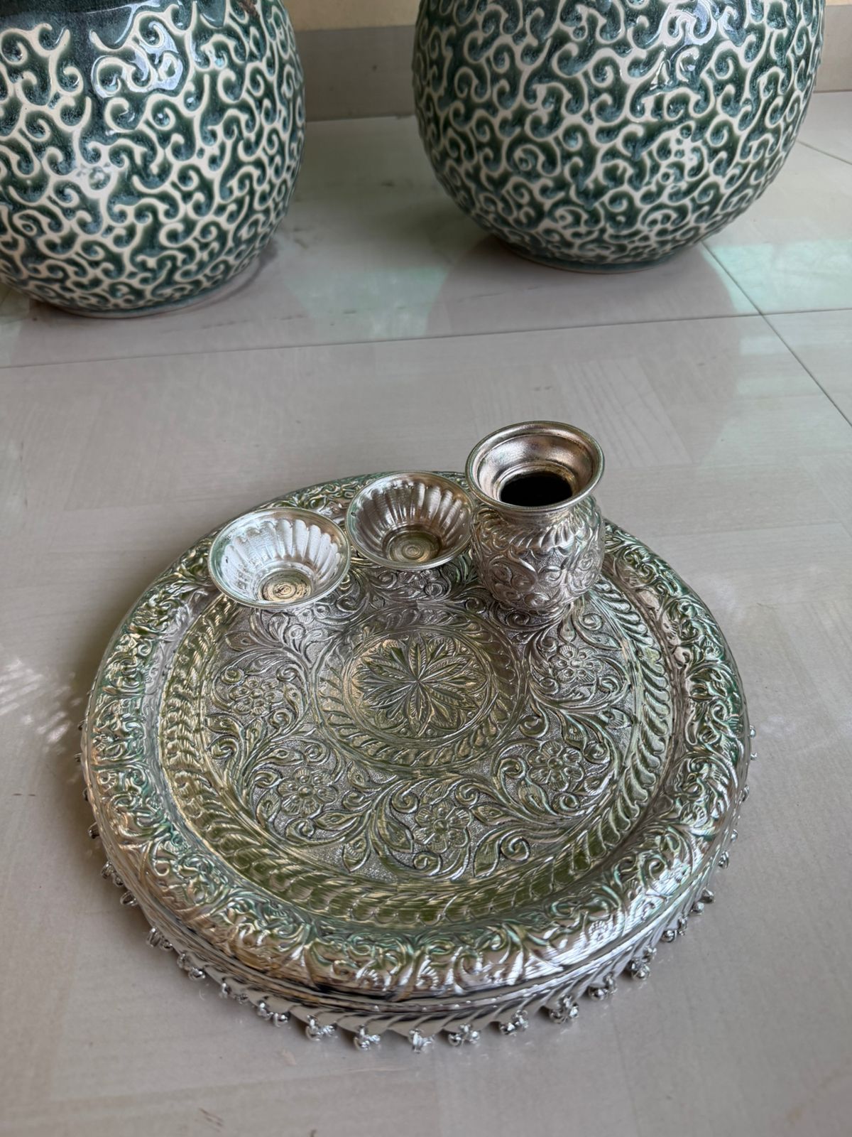 German Silver Ghungroo Pooja Thali Set – Antique Finish Devotional Decor