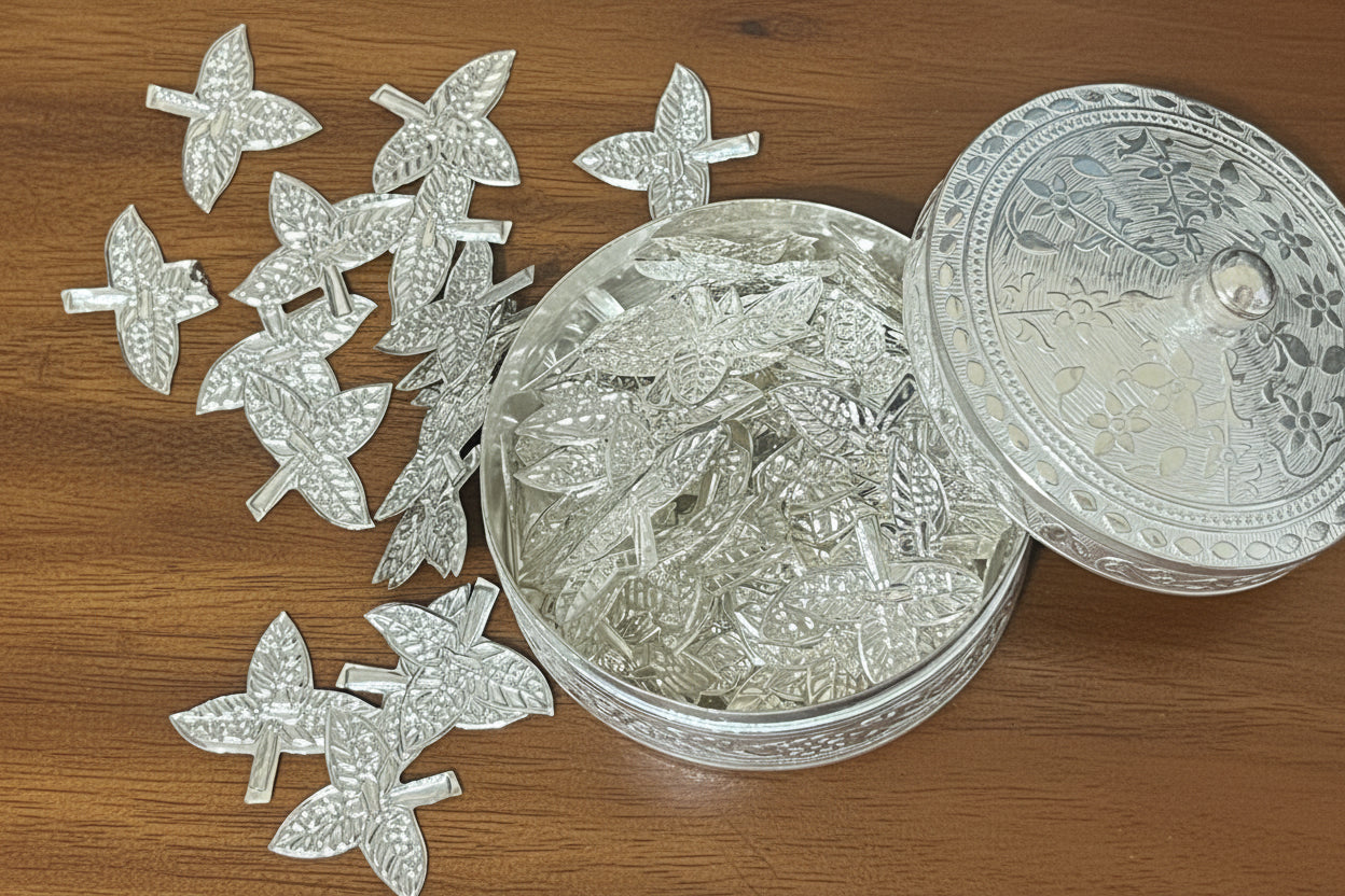 German Silver Bel Patra Leaves – 100 Pieces with Round Box for Pooja
