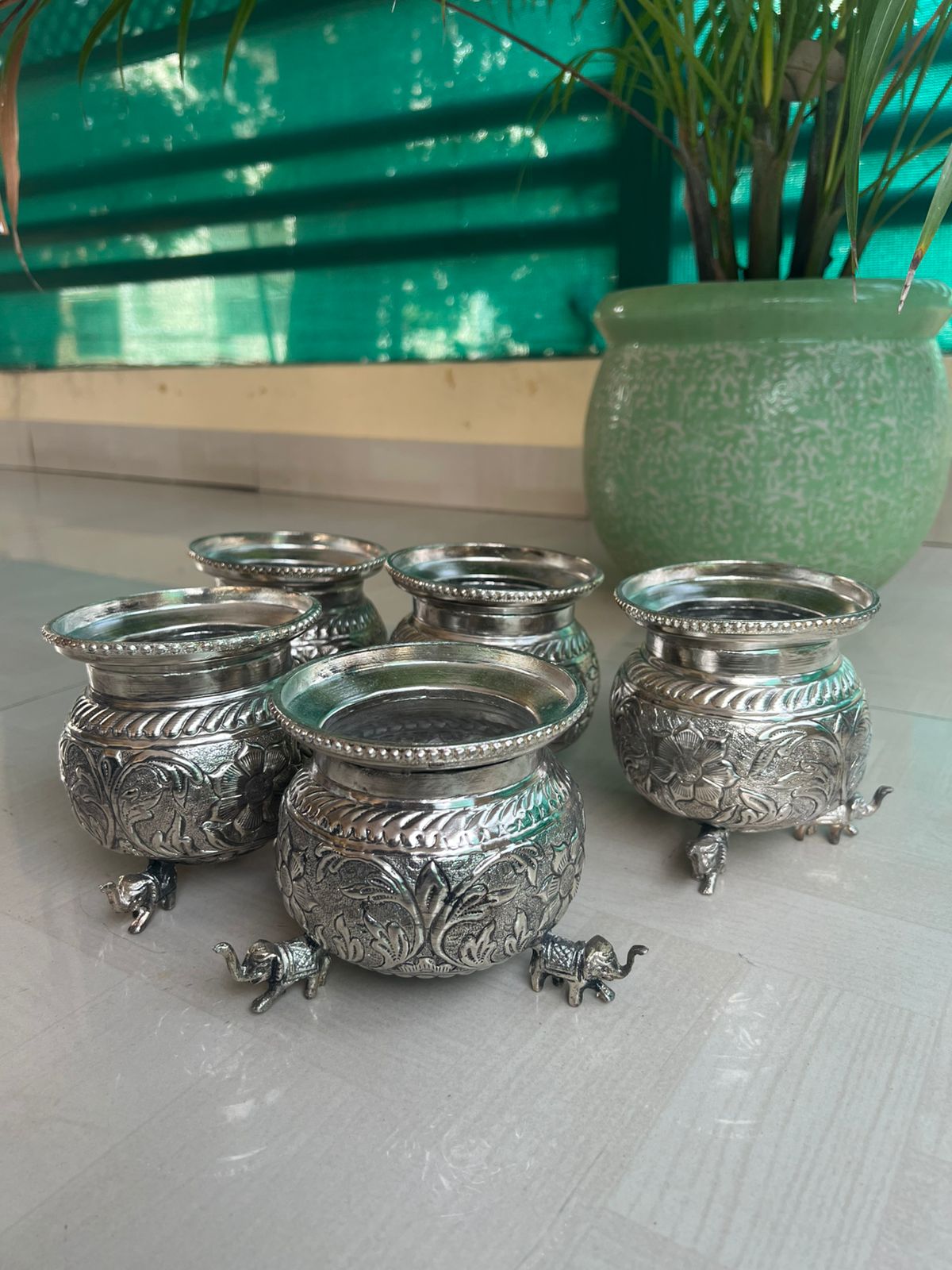 German Silver Antique Finish Elephant Leg Bowls/ kalash  – Set of 2 Large Pooja & Decor